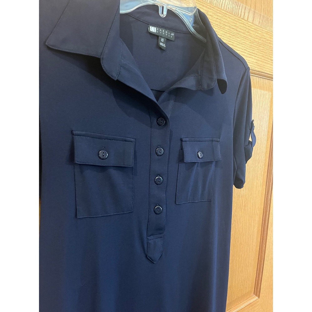 Carole Little Midi Shirt Dress Navy Blue Button Short Sleeve Size 10 - Picture 2 of 7